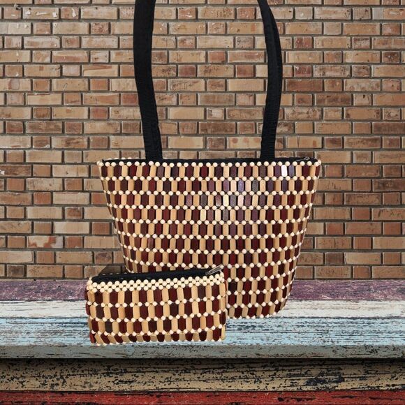 Handbags - Black wood and beaded carry all w/ matchn …